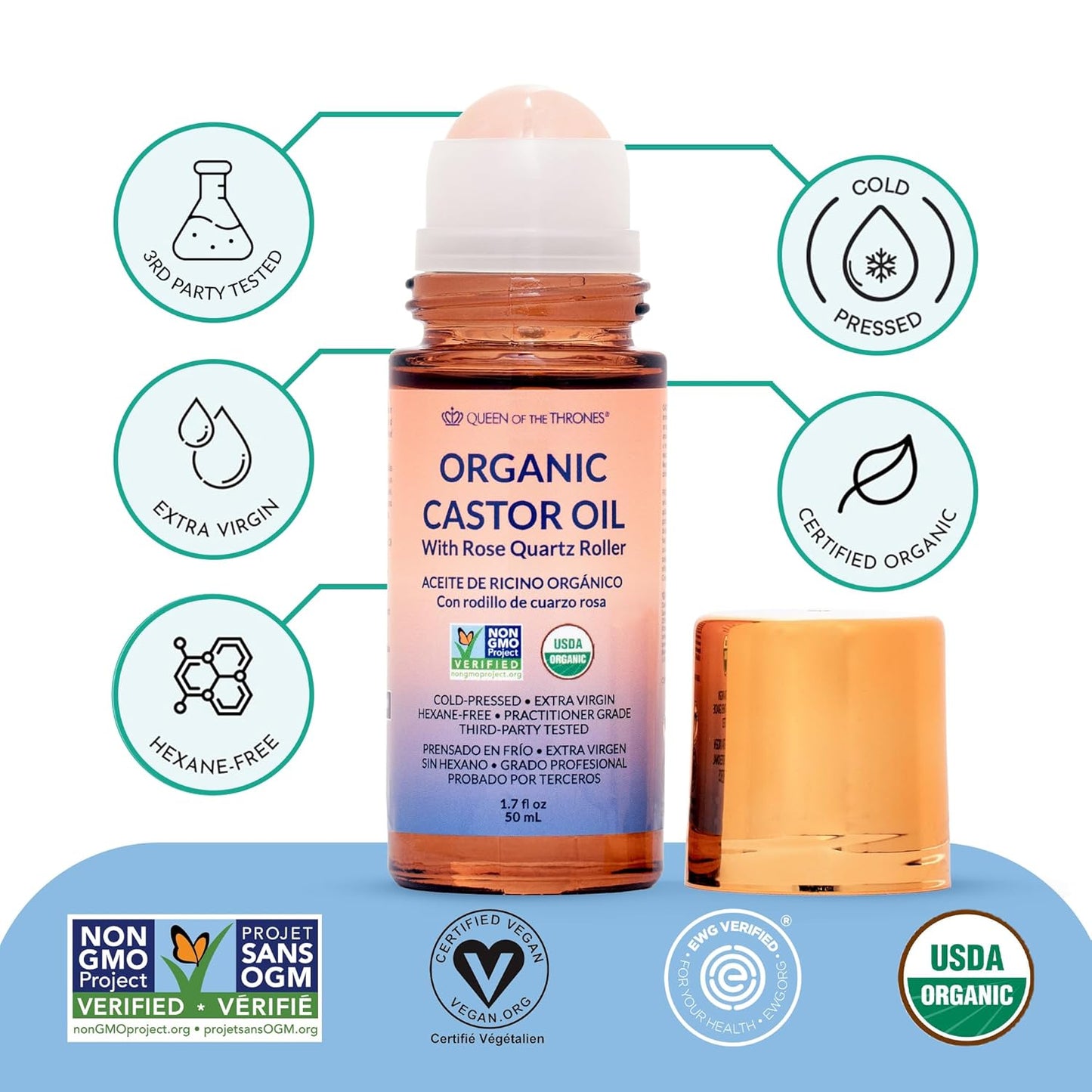 Queen of the Thrones Organic Golden Castor Oil Roll-On with Rose Quartz